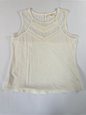 Adiva Cotton Tank Top Cream Lace Yoke Sleeveless Lightweight L Neutral Summer